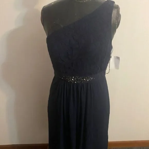 Adrianna Papell Navy 1 Shoulder Lace bodice embellished waist dress, size 12 - Picture 1 of 5